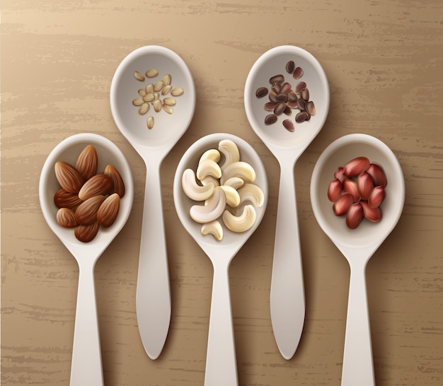 Vector vector different nuts in white spoons peanuts, cashew, almond and cedar top view on wooden surface