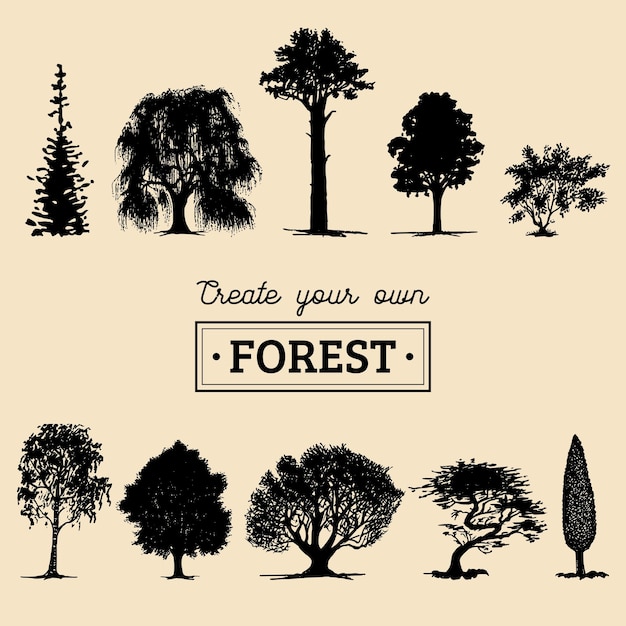 Vector vector different trees silhouettes create your own forest black woods icons set grove constructor