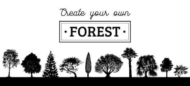 Vector vector different trees silhouettes create your own forest black woods icons set grove constructor