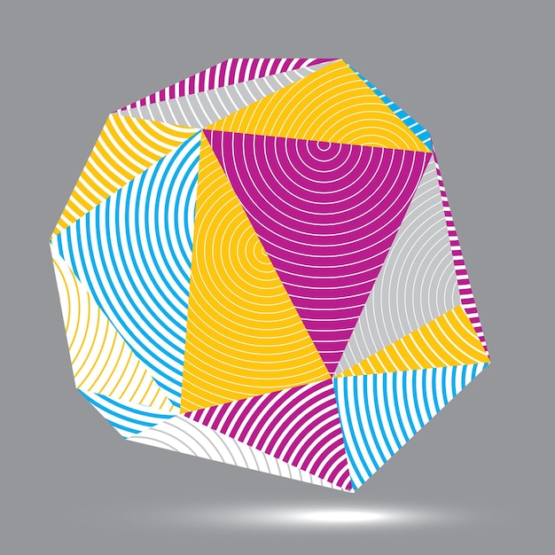 Vector digital 3d striped abstraction, geometric polygonal element. Spatial technological colorful shape, three-dimensional object.