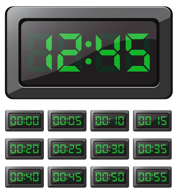 Orologio digitale vettoriale e timer con numeri verdi
