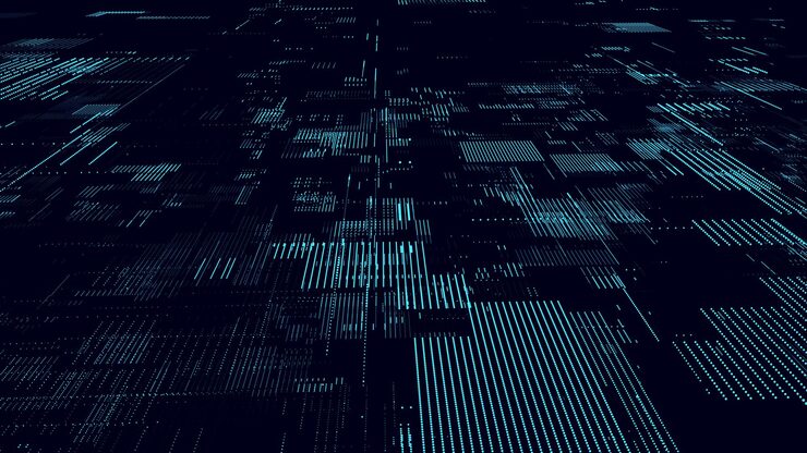 Vector vector digital database cyberspace decoding algorithms hacked software cyber security with moving particles big data visualization