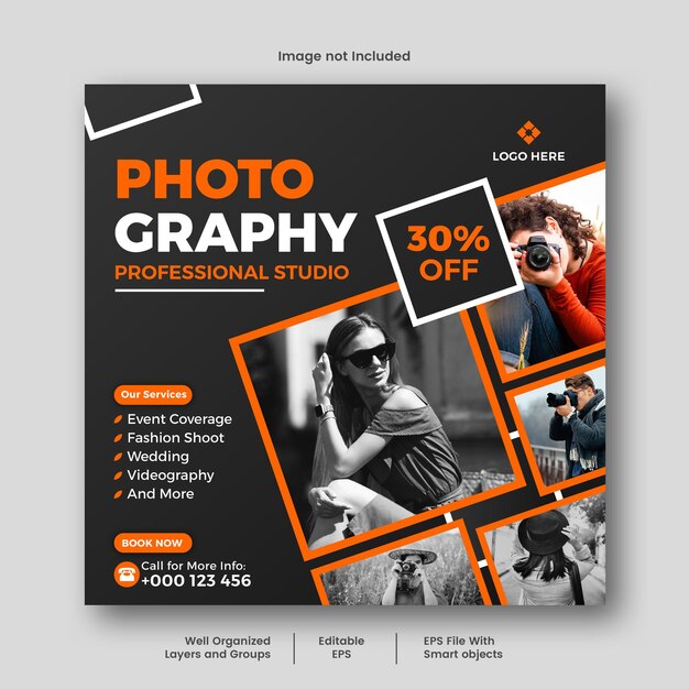 Vector digital photography services social media post template and web banner