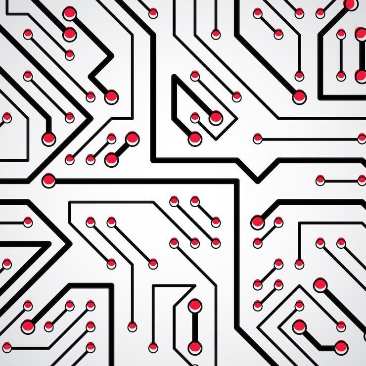 Vector vector digital technology background with circuit board elements, computer scheme texture. device component, microprocessor abstract illustration.