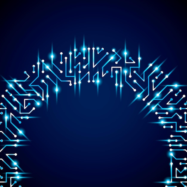 vector digital technology background with circuit board elements and sparkles, neon computer scheme texture. device component, microprocessor abstract shine illustration.