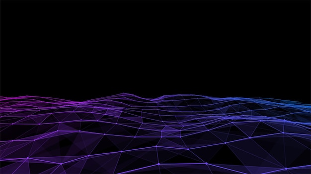 Векторная цифровая технология волна Темное киберпространство с движущимися точками и линиями Футуристическое цифровое