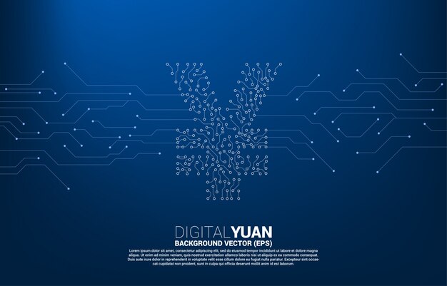 Vector digital yuan currency money icon from circuit board style dot connect line. concept for china digital currency economy and financial network connection.