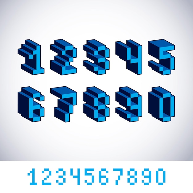 Vector digits, numerals created in 8 bit style. Pixel art numbers set, 3d mathematics design elements.