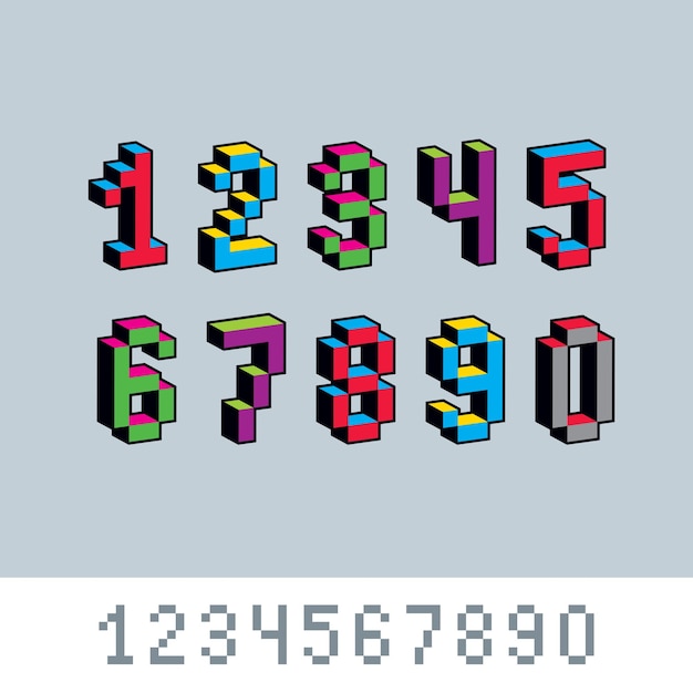 ベクトル数字、8ビットスタイルで作成された数字。ピクセルアート番号セット、3D数学デザイン要素。