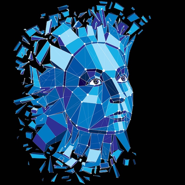Vector dimensional low poly female portrait with lines mesh, graphic illustration of human head broken into fragments. 3d demolished wireframe object created with fractures and different particles.