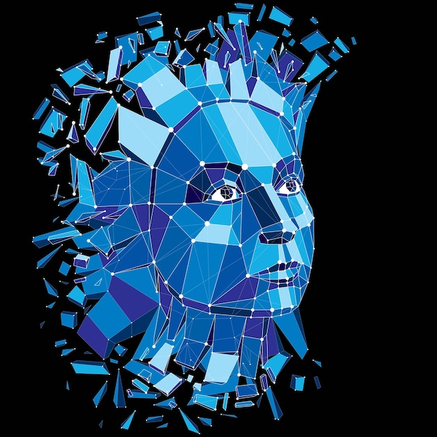 Vector vector dimensional low poly female portrait with lines mesh, graphic illustration of human head broken into fragments. 3d demolished wireframe object created with fractures and different particles.