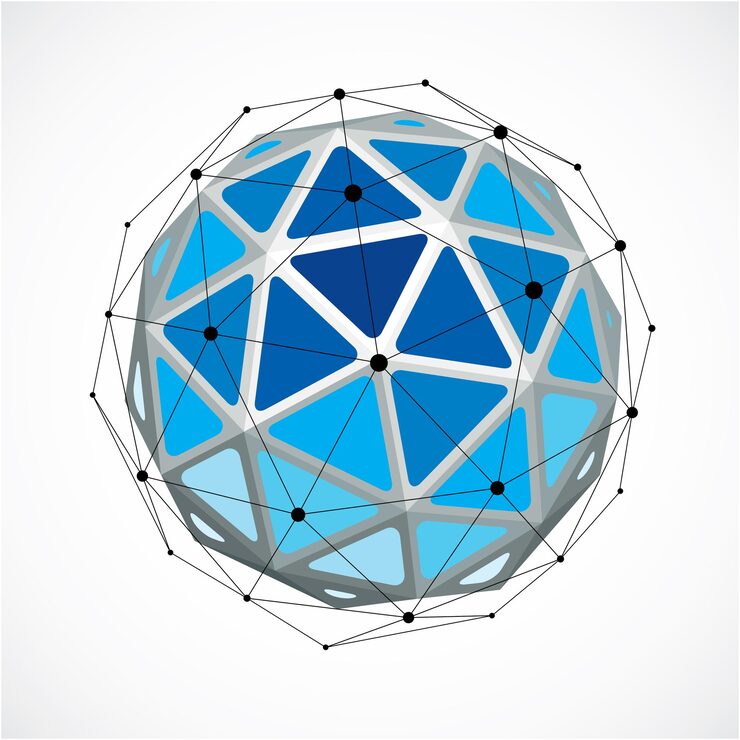 Vector vector dimensional wireframe low poly object, blue spherical shape with black grid. technology 3d mesh element made using triangular facets for use as design form in engineering.