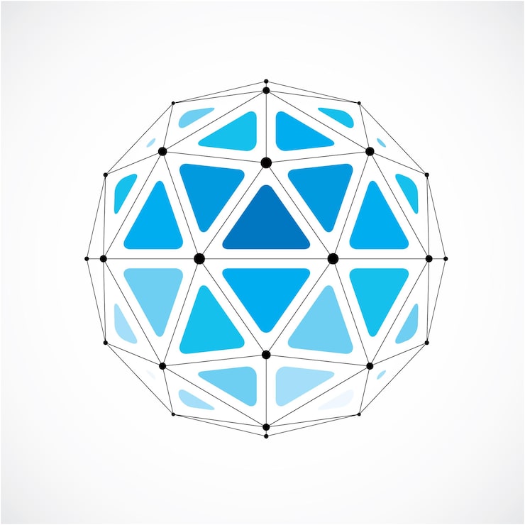 Vector 벡터 차원 와이어프레임 낮은 폴리 개체, 검은색 격자가 있는 파란색 구형 모양. 기술 엔지니어링에서 디자인 형식으로 사용하기 위해 삼각형 면을 사용하여 만든 3d 메쉬 요소입니다.