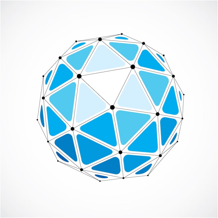 Vector vector dimensional wireframe low poly object, blue spherical shape with black grid. technology 3d mesh element made using triangular facets for use as design form in engineering.