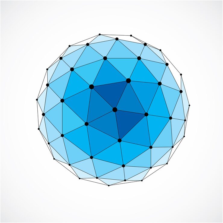 Vector vector dimensional wireframe low poly object, blue spherical shape with black grid. technology 3d mesh element made using triangular facets for use as design form in engineering.