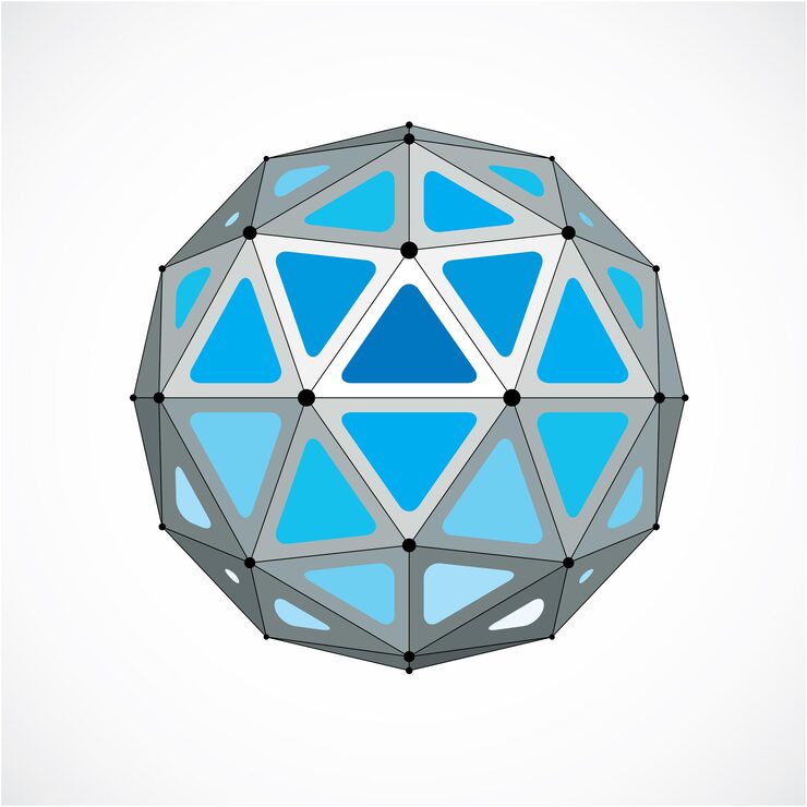 Vector vector dimensional wireframe low poly object, blue spherical shape with black grid. technology 3d mesh element made using triangular facets for use as design form in engineering.