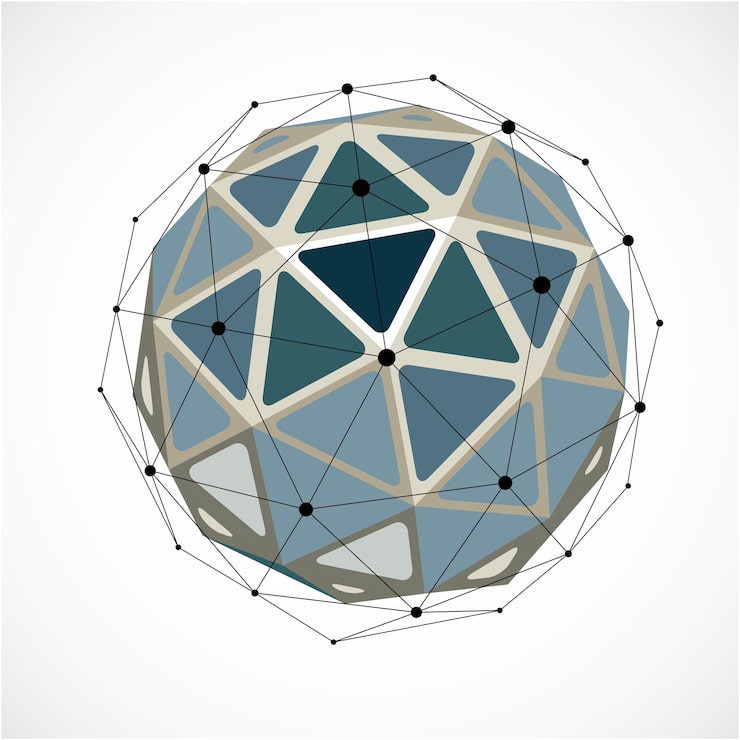 Vector vector dimensional wireframe low poly object, grayscale spherical shape with black grid. technology 3d mesh element made using triangular facets for use as design form in engineering.