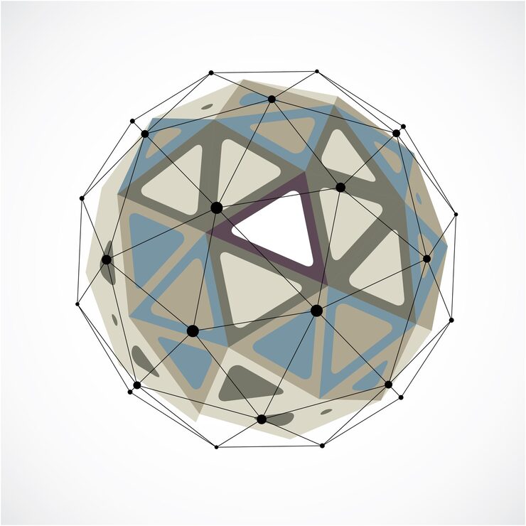 Vector vector dimensional wireframe low poly object, grayscale spherical shape with black grid. technology 3d mesh element made using triangular facets for use as design form in engineering.