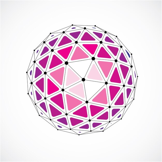 Vector dimensional wireframe low poly object, purple spherical shape with black grid. technology 3d mesh element made using triangular facets for use as design form in engineering.