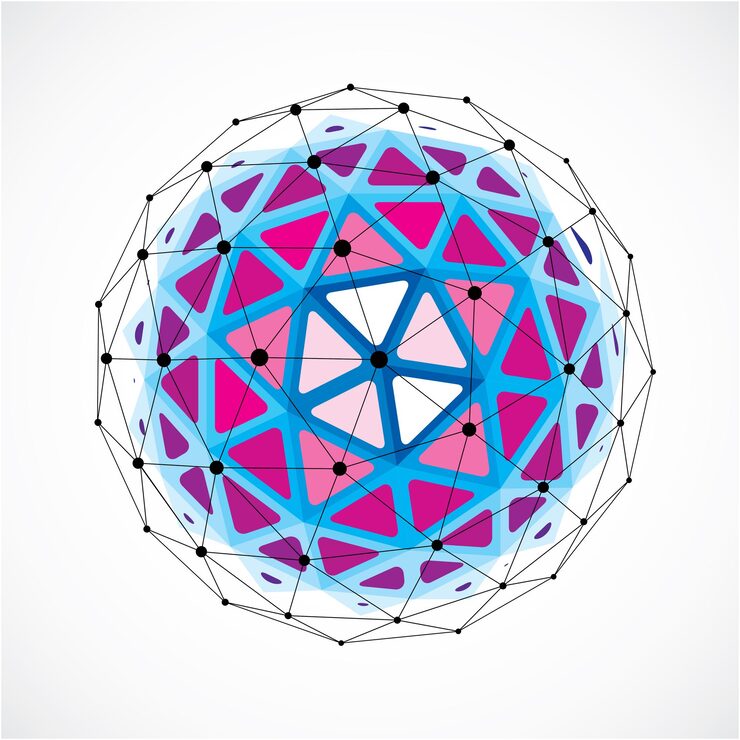 Vector vector dimensional wireframe low poly object, purple spherical shape with black grid. technology 3d mesh element made using triangular facets for use as design form in engineering.
