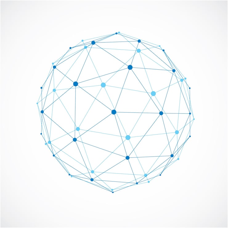 Vector vector dimensional wireframe low poly object, spherical blue facet shape with black grid. technology 3d mesh element made using triangles for use as design form in engineering.
