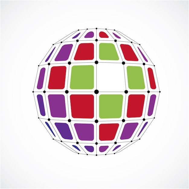 vector dimensional wireframe low poly object, spherical colorful facet shape with black grid. technology 3d mesh element made using squares for use as design form in engineering.