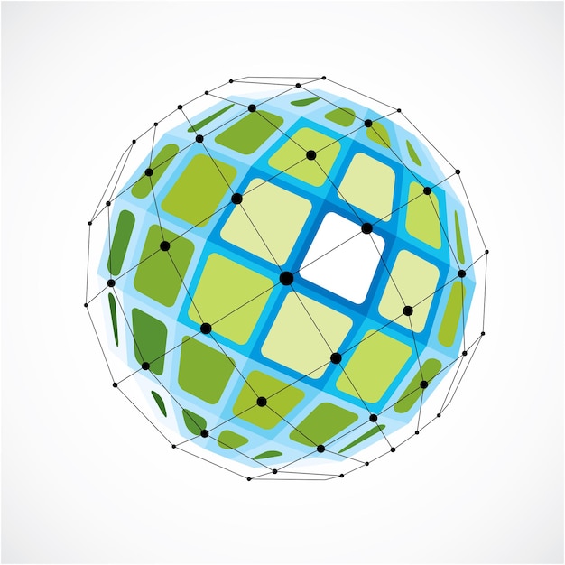 Vector dimensional wireframe low poly object, spherical green facet shape with black grid. Technology 3d mesh element made using squares for use as design form in engineering.