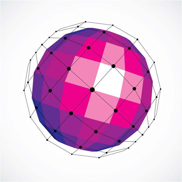 Vector 벡터 차원 와이어프레임 낮은 폴리 개체, 검은색 격자가 있는 구형 자주색 면 모양. 기술 엔지니어링에서 디자인 형식으로 사용하기 위해 사각형을 사용하여 만든 3d 메쉬 요소입니다.