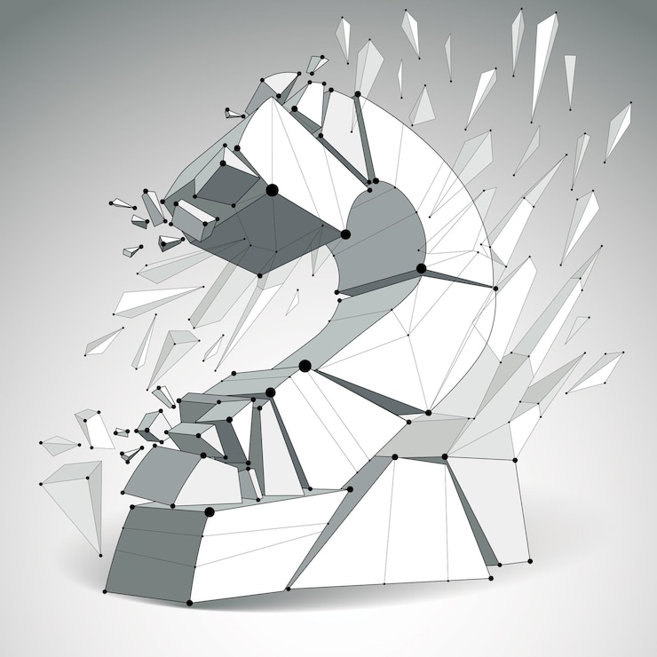 Vector vector dimensional wireframe number 2, monochrome demolished digit with fragments. 3d mesh technology element broken into pieces.
