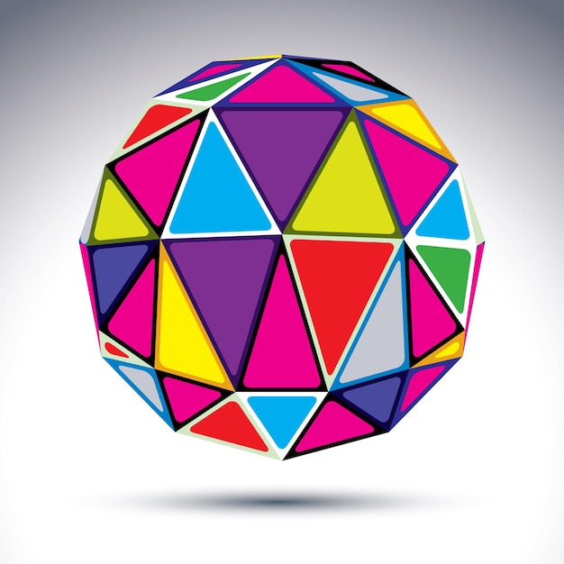 Vector dimensionale moderne abstracte object, 3d discobal geïsoleerd op een witte achtergrond. Psychedelische levendige wereldbol met heldere gelijkbenige driehoeken, caleidoscoopeffect.
