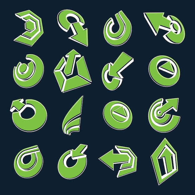 Vector dimensionale zakelijke en zakelijke grafische symbolen collectie. Set van groene pijlen en verschillende eenvoudige ontwerpelementen.
