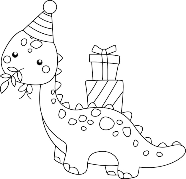 A vector of a dinosaur themed birthday celebration in black and white coloring