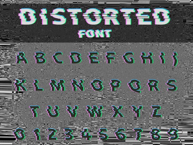 Vector distorted glitch font trendy style lettering typeface dark latin letters on gray glitched background