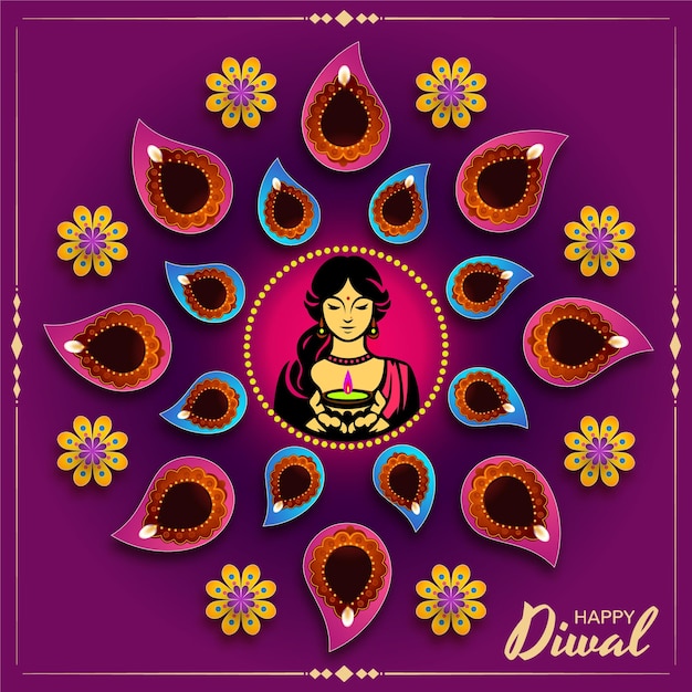 Vettore vector diwali concept banner luci e diya