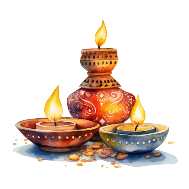 Vector vector diwali oil lamps watercolor isolated on white background clipart