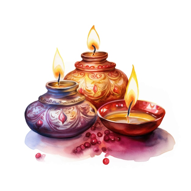 Vector vector diwali oil lamps watercolor isolated on white background clipart