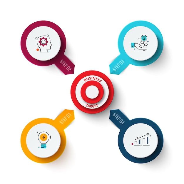 Vector doel met pijlen Infographic concept met 4 opties delen stappen of processen