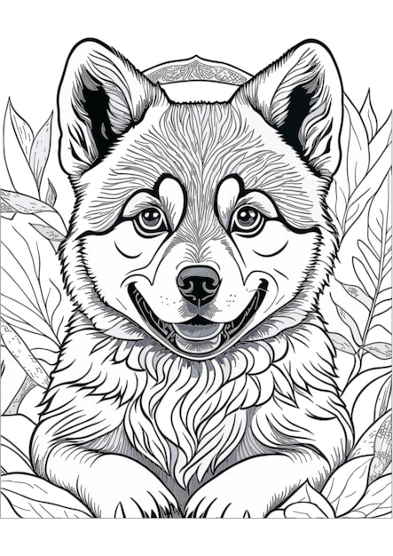 Vector dog outline coloring page coloring book illustration Siberian Huskie