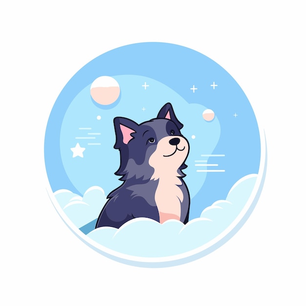 Vector vector of a dog sitting in the clouds with a moon in the background