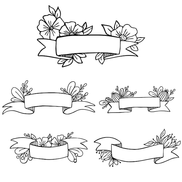 Vector doodle Banner with Wild Flowers Vintage Floral Ribbon Black and white Hand drawn illustration