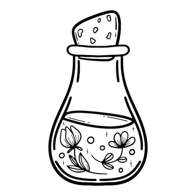 Vector vector doodle bottle of magic potion witchcraft glass bottle alchemy elixir in glass flask hand drawn illustration of witch poison with leaves flowers and floral