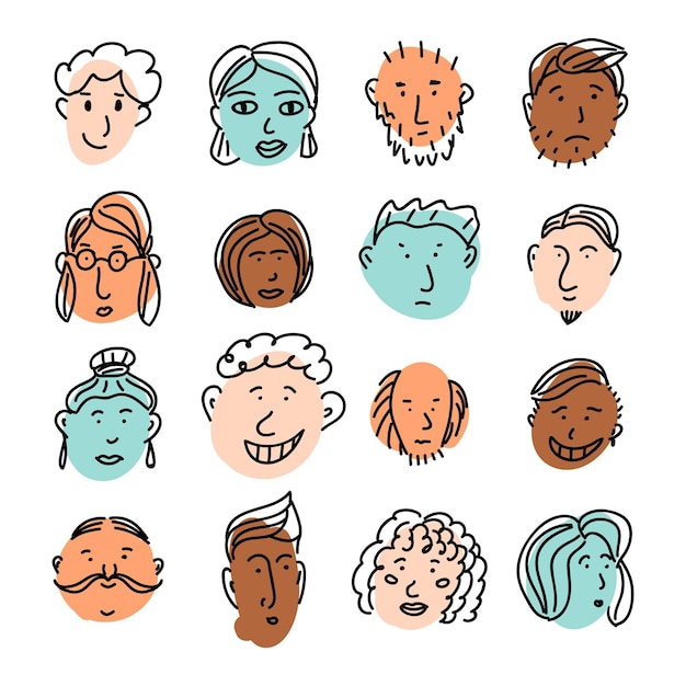 Vector doodle faces on color spots hand drawn people faces icons with emotions