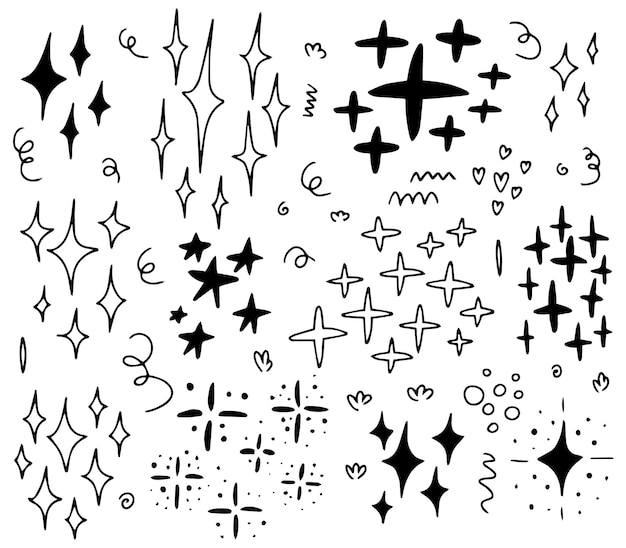 Vector doodle glitter and flash set Hand drawn spark glitter and doodle stars set