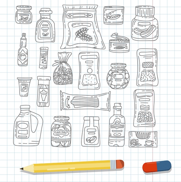 Vector doodle grocery store products hand drawn scetch icons food and drink natural canned bakery an