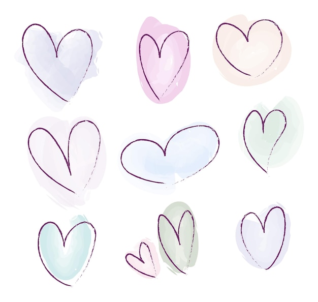 Vector doodle hand drawn hearts set with pastel color