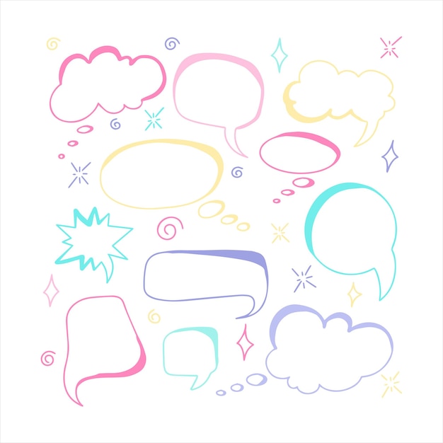 Vector vector doodle hearts speech hand drawn bubbles set. talk clouds sketching illustration. colorful