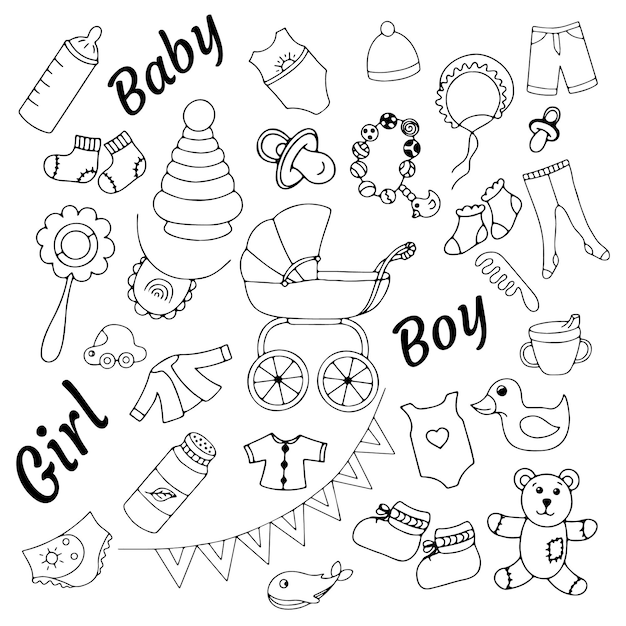 Vector doodle icons of children's things and toys