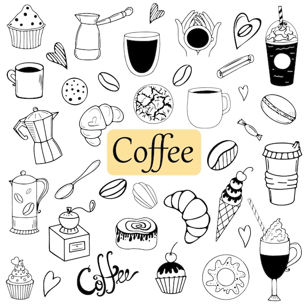 Icone di doodle di vettore della raccolta di caffè e dessert tempo del caffè