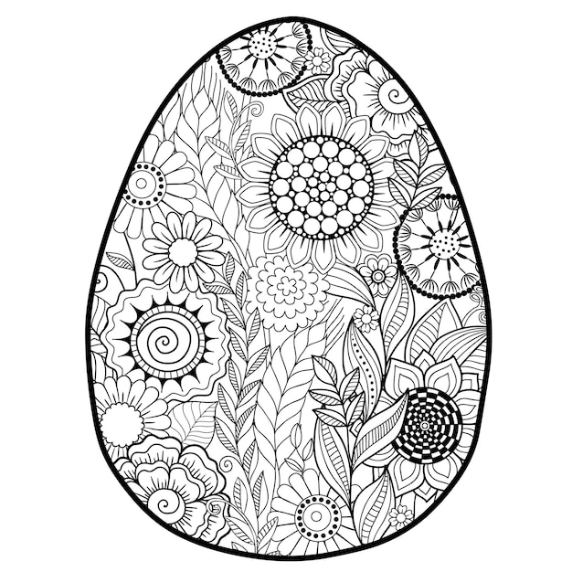 Vector doodle kleurboekpagina of volwassene. Paasei in mandala-stijl. Gedetailleerd zwart contour bloemenpatroon op witte achtergrond