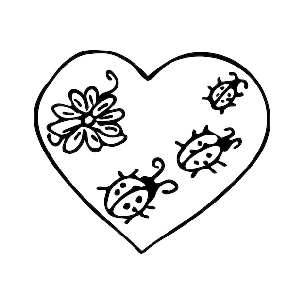 Cuore lineare doodle vettoriale con fiore e coccinella all'interno forma del cuore isolata su bianco